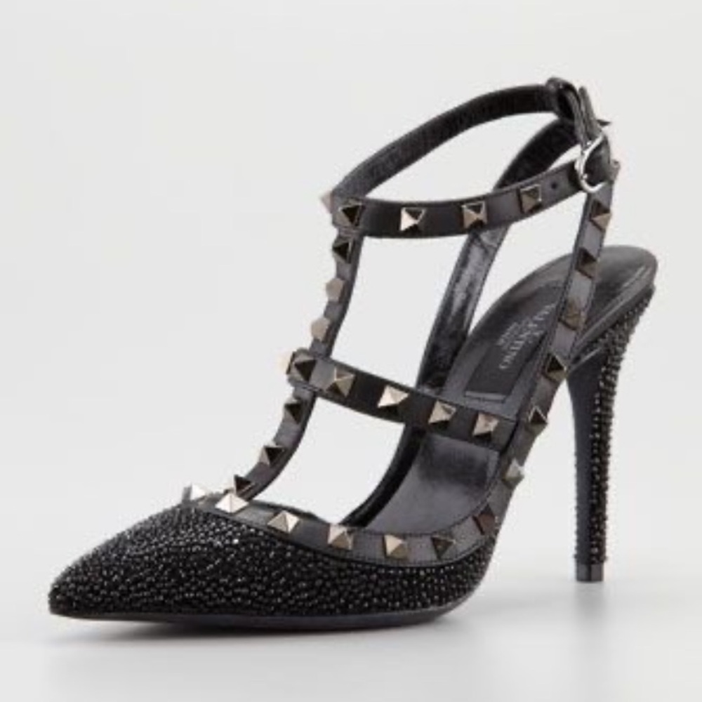 Rare Authentic Valentino Noir Rockstud Caviar Crystal/ Swarovski Pumps